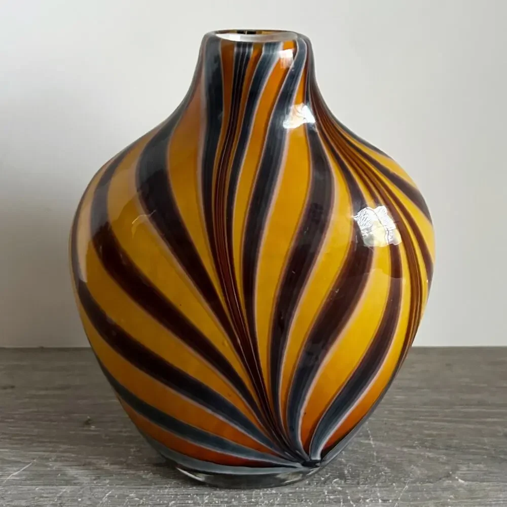 Vintage Murano Style Cased Tiger Strip / Pulled Feather Glass 8” Vase Set of 3